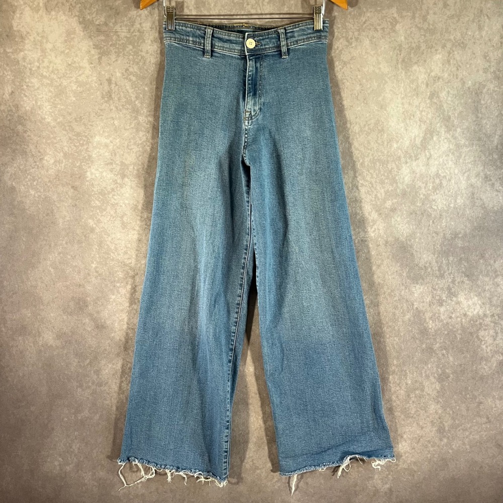 Zara Wide Leg Jeans Women 13-14 Blue High Rise Raw Hem Adjustable 26 in Waist‎
